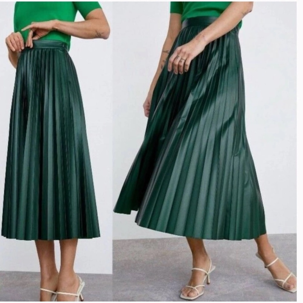 Zara Faux Leather Green Pleated Midi Skirt
